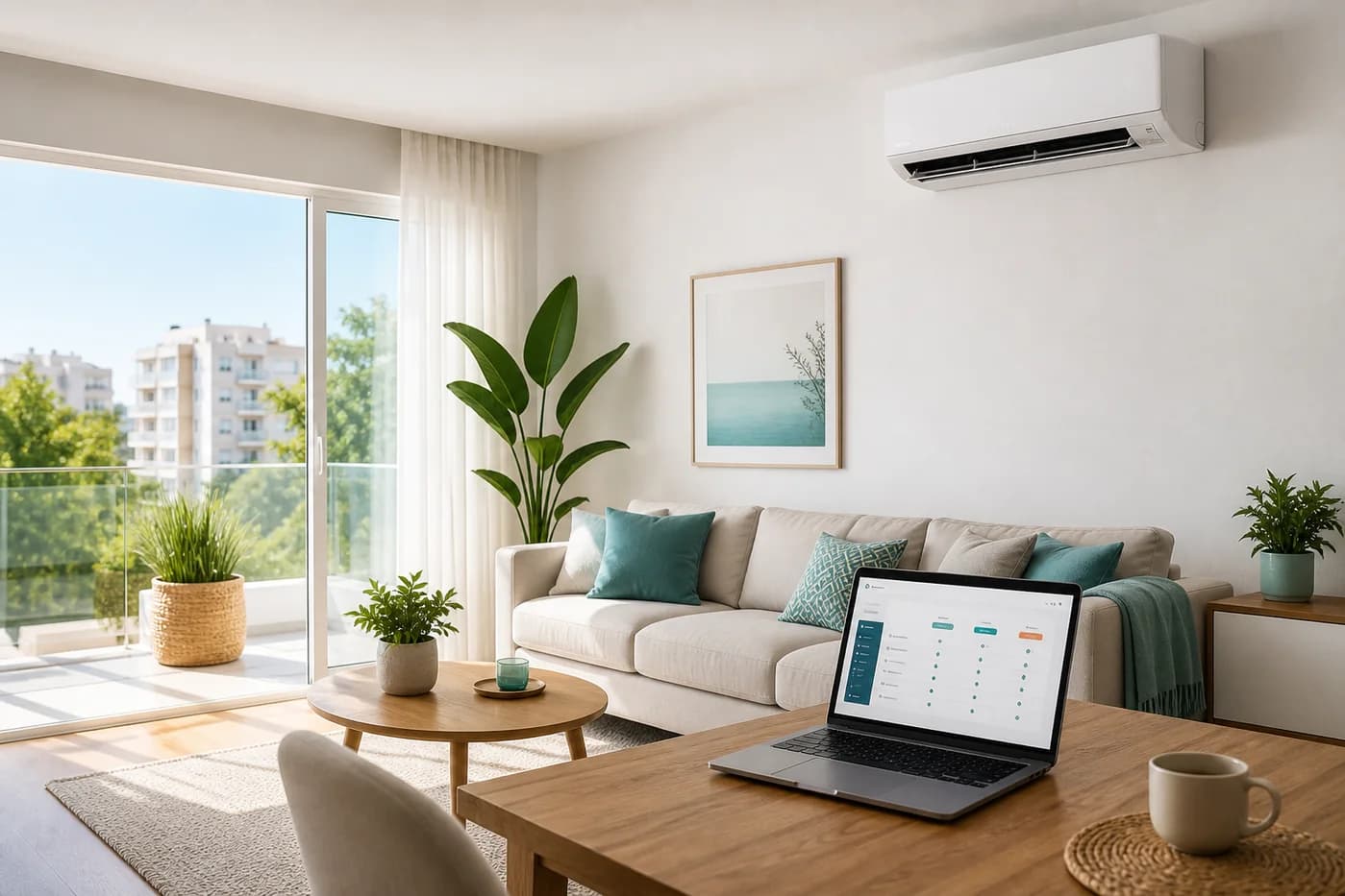 Salón luminoso con aire acondicionado split y comparador en un portátil