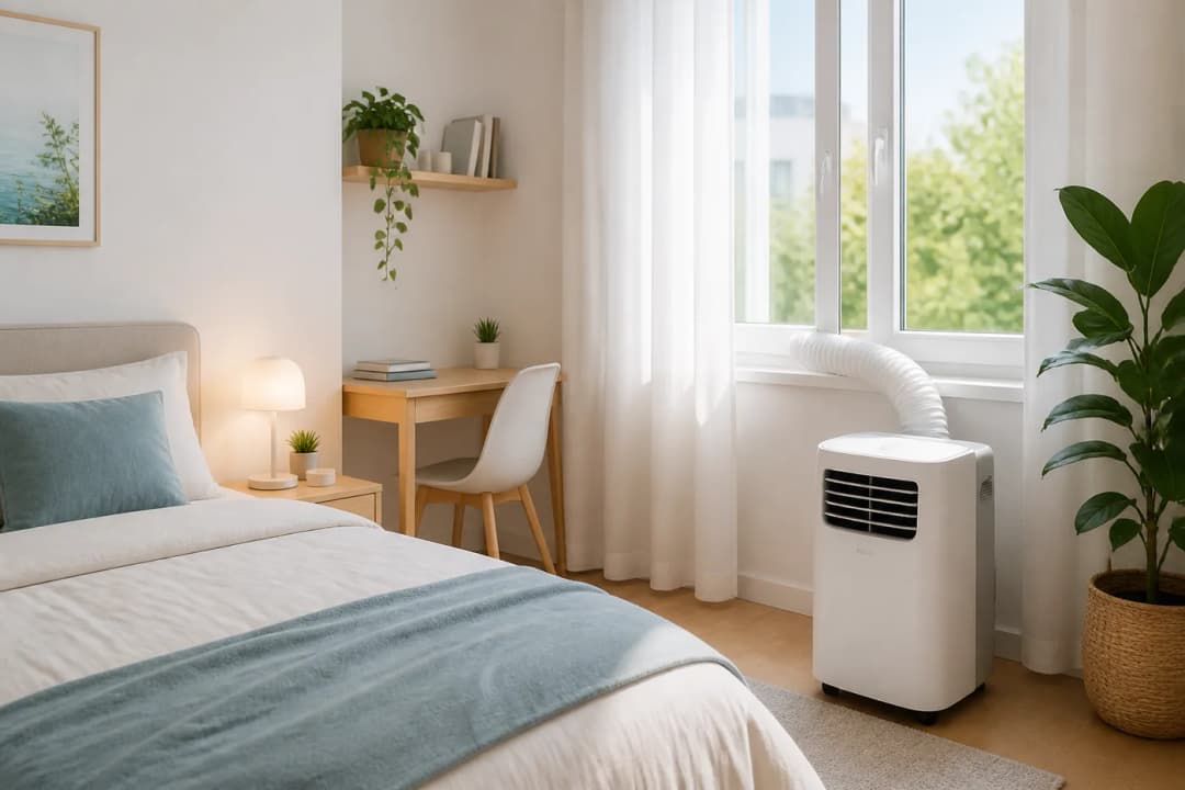 Dormitorio pequeño con aire acondicionado portátil sin marca