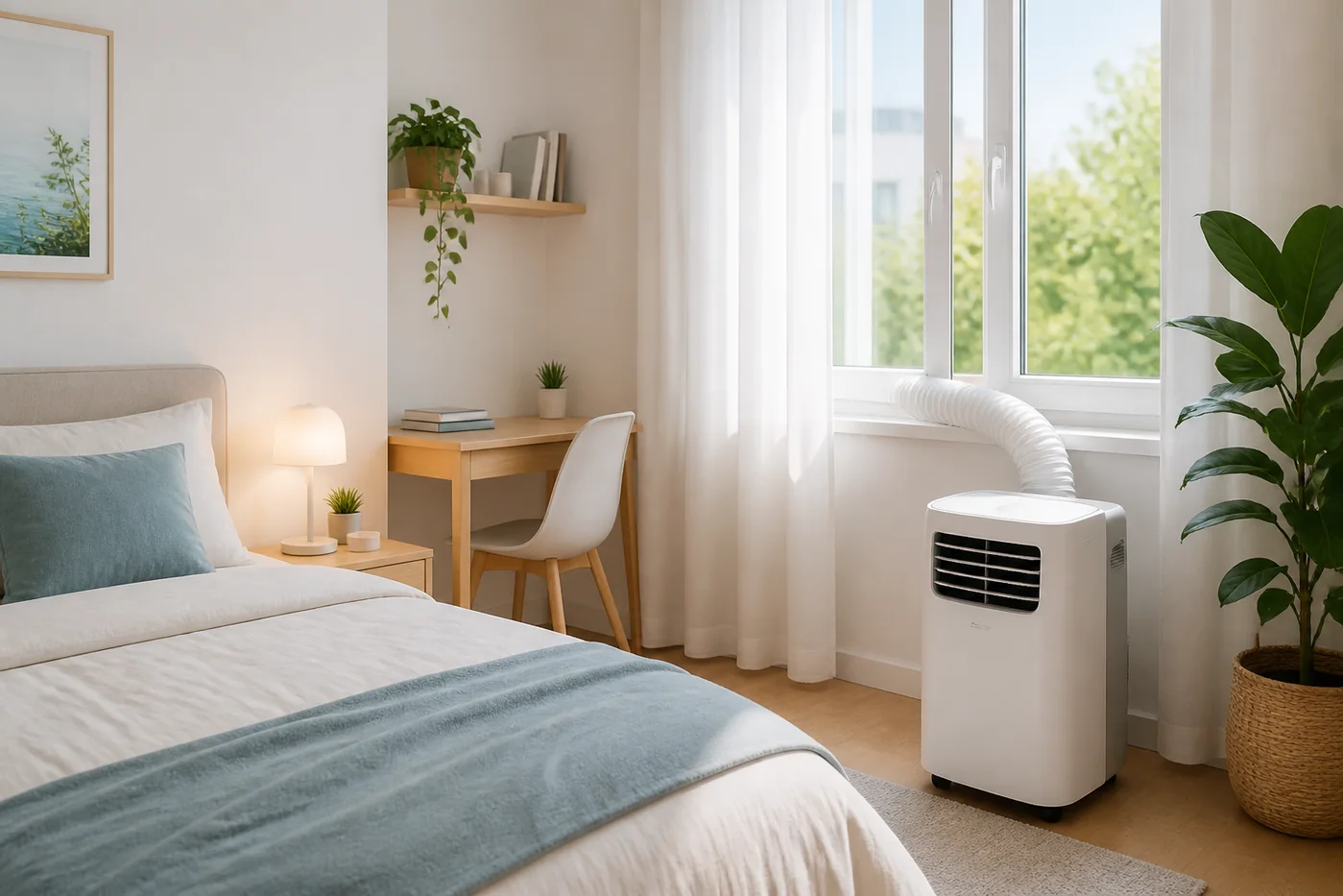 Dormitorio pequeño con aire acondicionado portátil sin marca